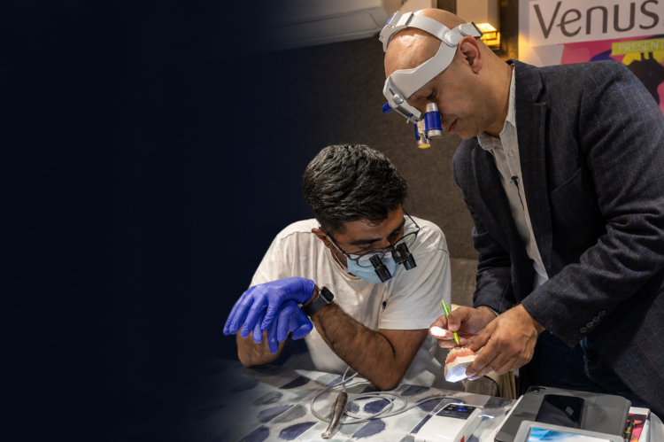 Dr Gurvinder Bhirth demonstrating anterior composite bonding techniques during a hands-on anterior composite dentistry course at Private Dental Mentor.