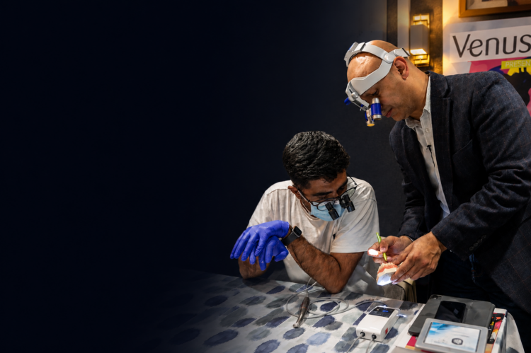 Dr Gurvinder Bhirth demonstrating anterior composite bonding techniques during a hands-on anterior composite dentistry course at Private Dental Mentor.